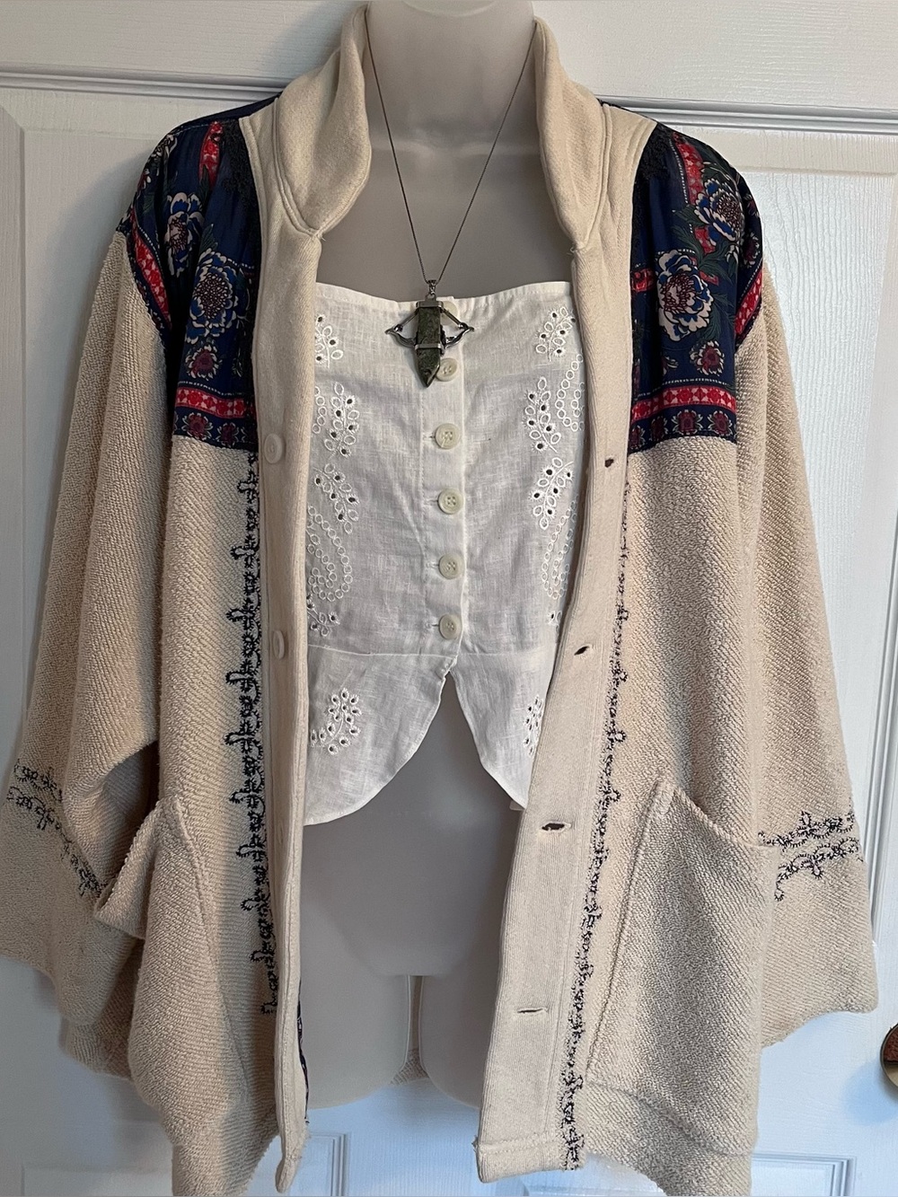Free People Boho Outfit Bundle Knit Jacket Crop Top Moss Agate Necklace